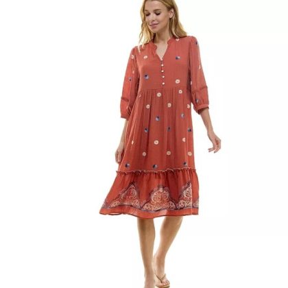 Figueroa & Flower Embroidered Midi Dress in Terracotta