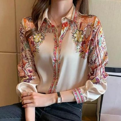 Floral Print Apricot Long Sleeve Blouse