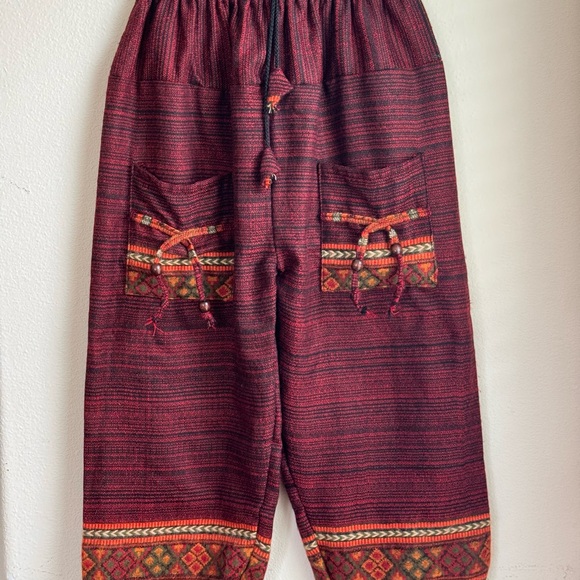 Handmade Loose 100% Cotton Boho Pants with Beaded Drawstring