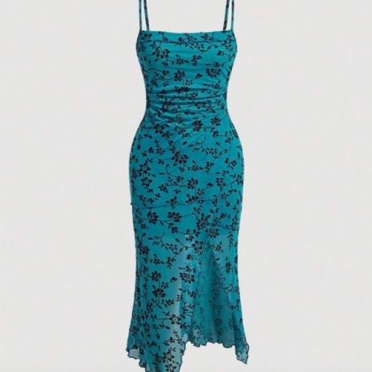 Teal Floral Slip Midi Dress with Spaghetti Straps