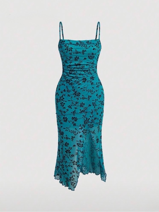 Teal Floral Slip Midi Dress with Spaghetti Straps